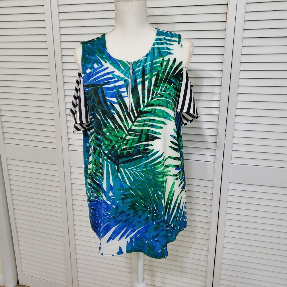 Calvin Klein Cold Shoulder Blue and Green Tropical Leaf Top, Size Large